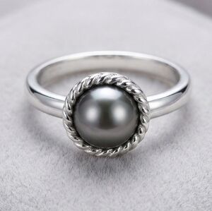 Vintage 925 Italy Dark Grey Pearl Solitaire Ring - Size 5